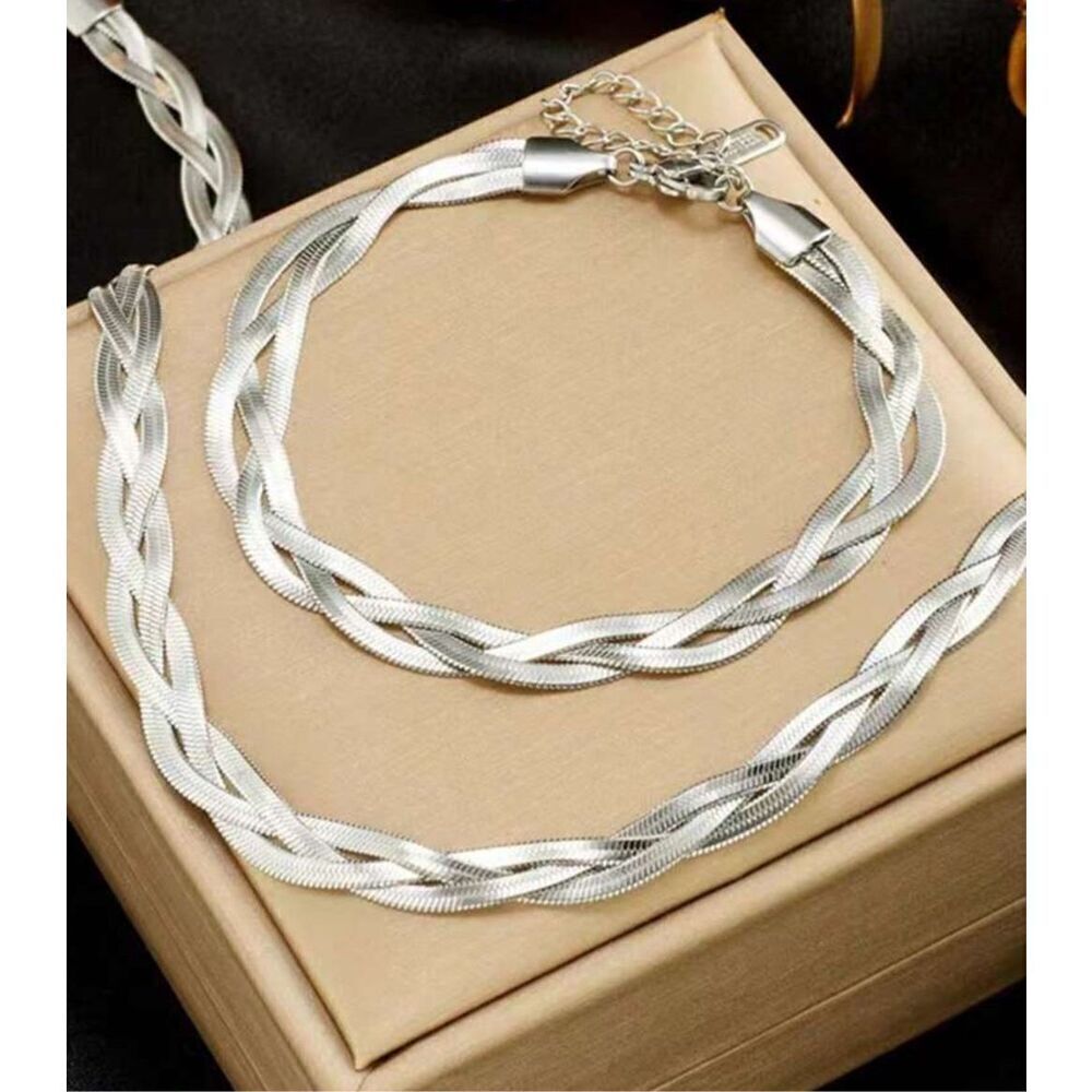 Silver Braided Necklace Bracelet Set